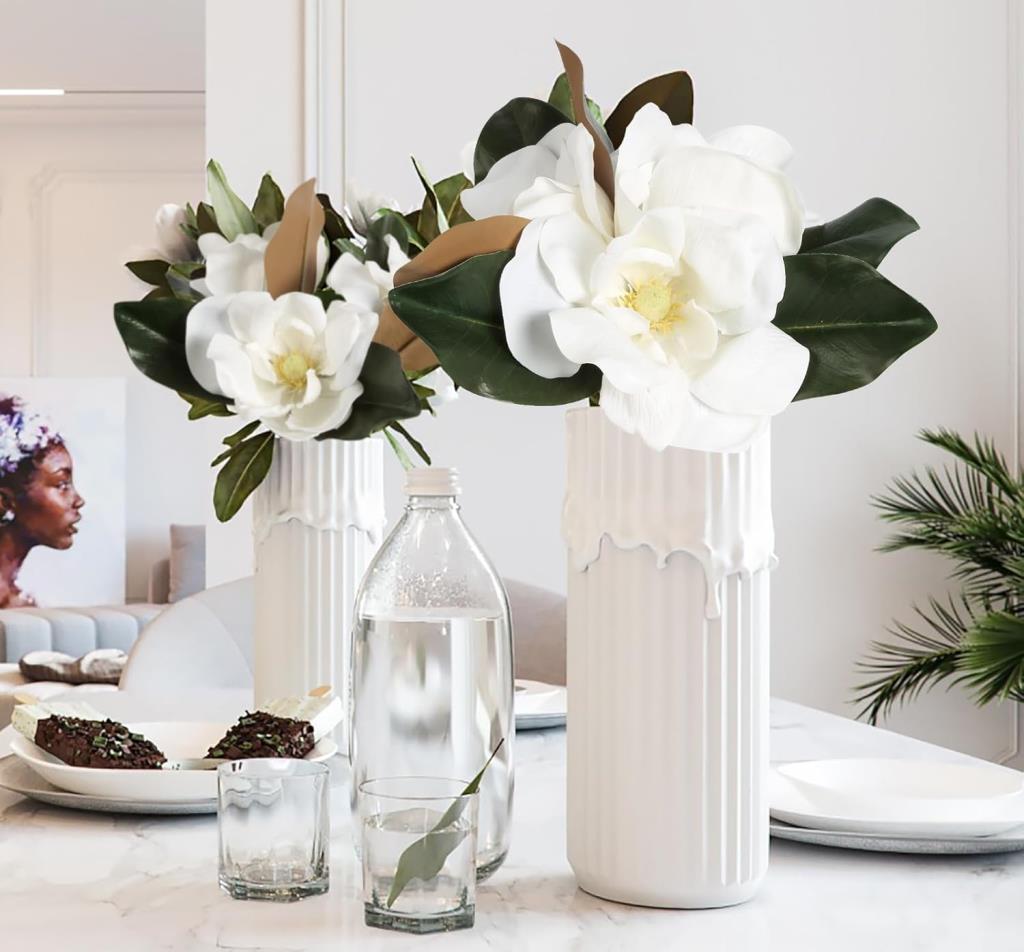 Yapay Çiçek 3Dallı Buket Manolya Gerçek Dokulu Magnolia 32cm BEYAZ