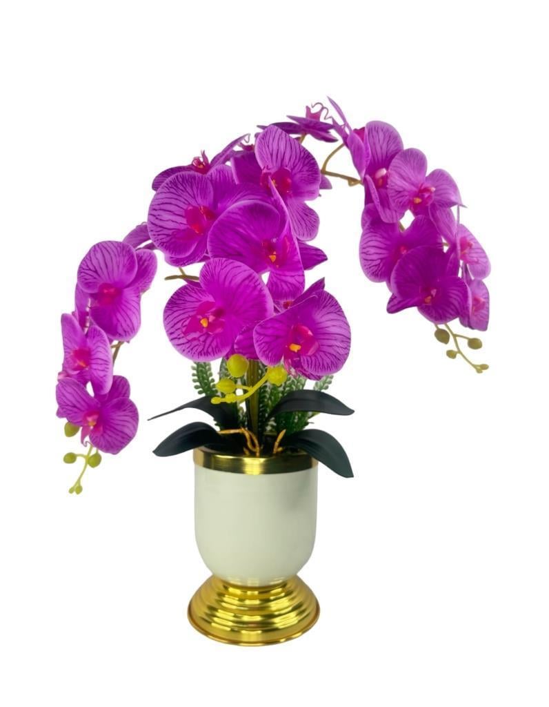 Yapay Çiçek 3lü Fuşya Orkide Metal Krem Gold Saksıda Orkide 60cm