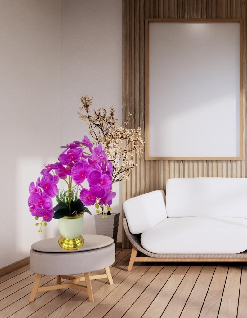 Yapay Çiçek 3lü Fuşya Orkide Metal Krem Gold Saksıda Orkide 60cm