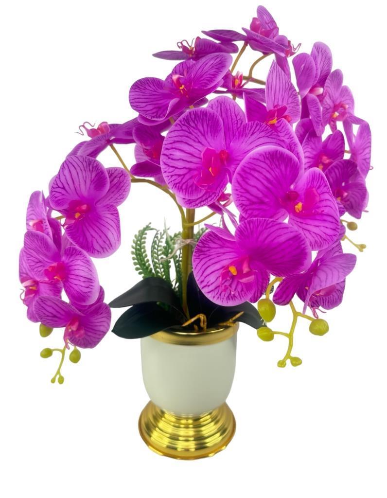 Yapay Çiçek 3lü Fuşya Orkide Metal Krem Gold Saksıda Orkide 60cm