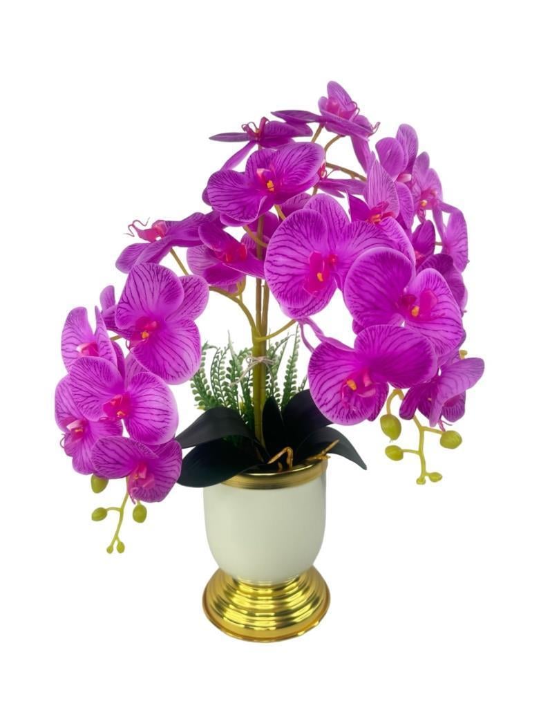 Yapay Çiçek 3lü Fuşya Orkide Metal Krem Gold Saksıda Orkide 60cm