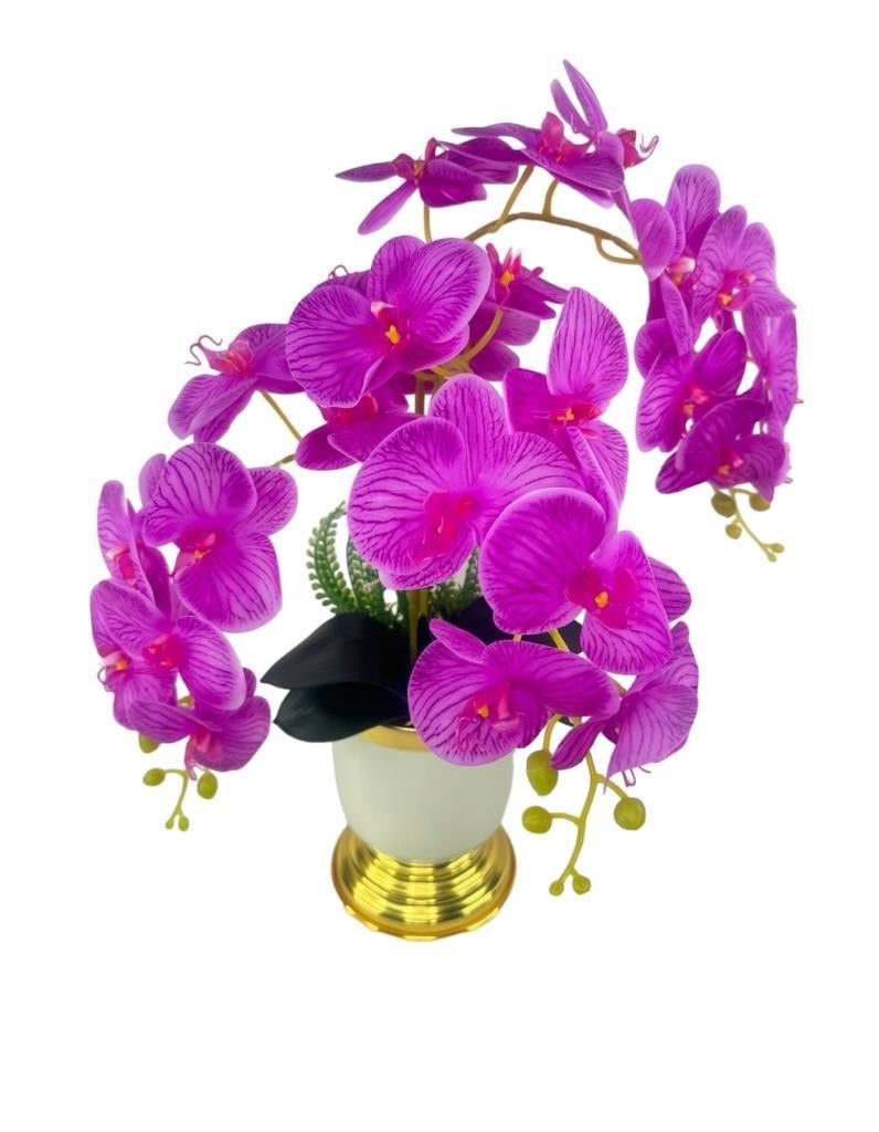 Yapay Çiçek 3lü Fuşya Orkide Metal Krem Gold Saksıda Orkide 60cm