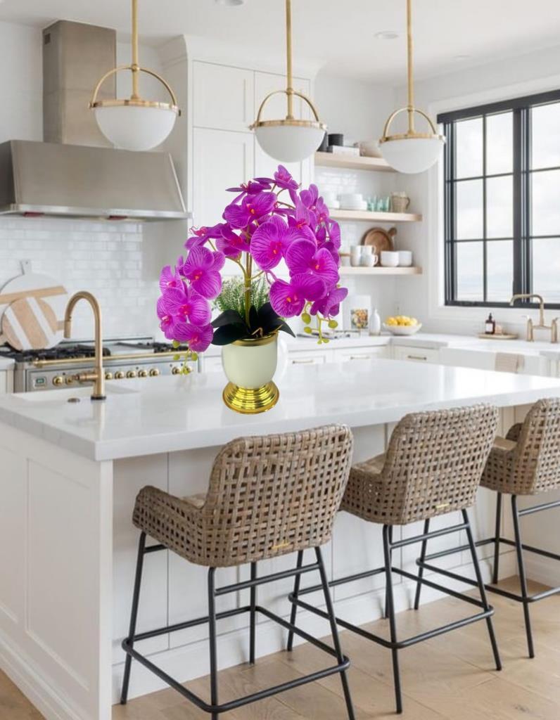 Yapay Çiçek 3lü Fuşya Orkide Metal Krem Gold Saksıda Orkide 60cm