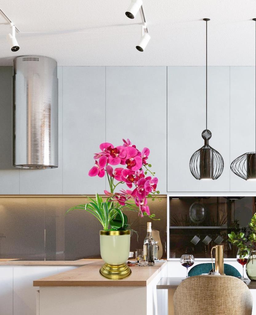 Yapay Çiçek 3lü Fuşya Orkide Metal Krem Gold Saksıda Orkide 60cm