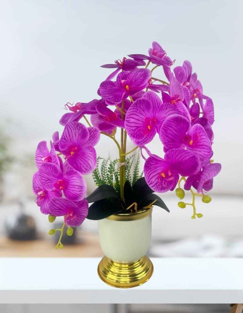 Yapay Çiçek 3lü Fuşya Orkide Metal Krem Gold Saksıda Orkide 60cm