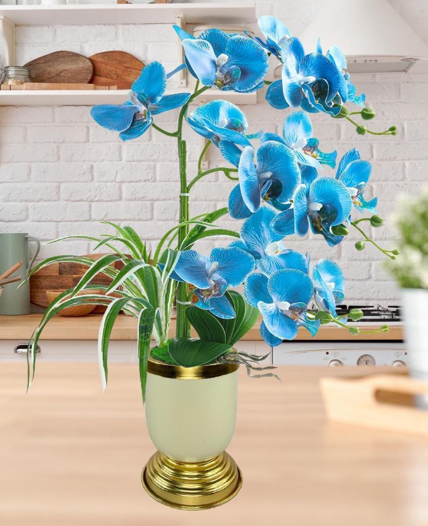 Yapay Çiçek 3lü Mavi Orkide Metal Krem Gold Saksıda Orkide 60cm