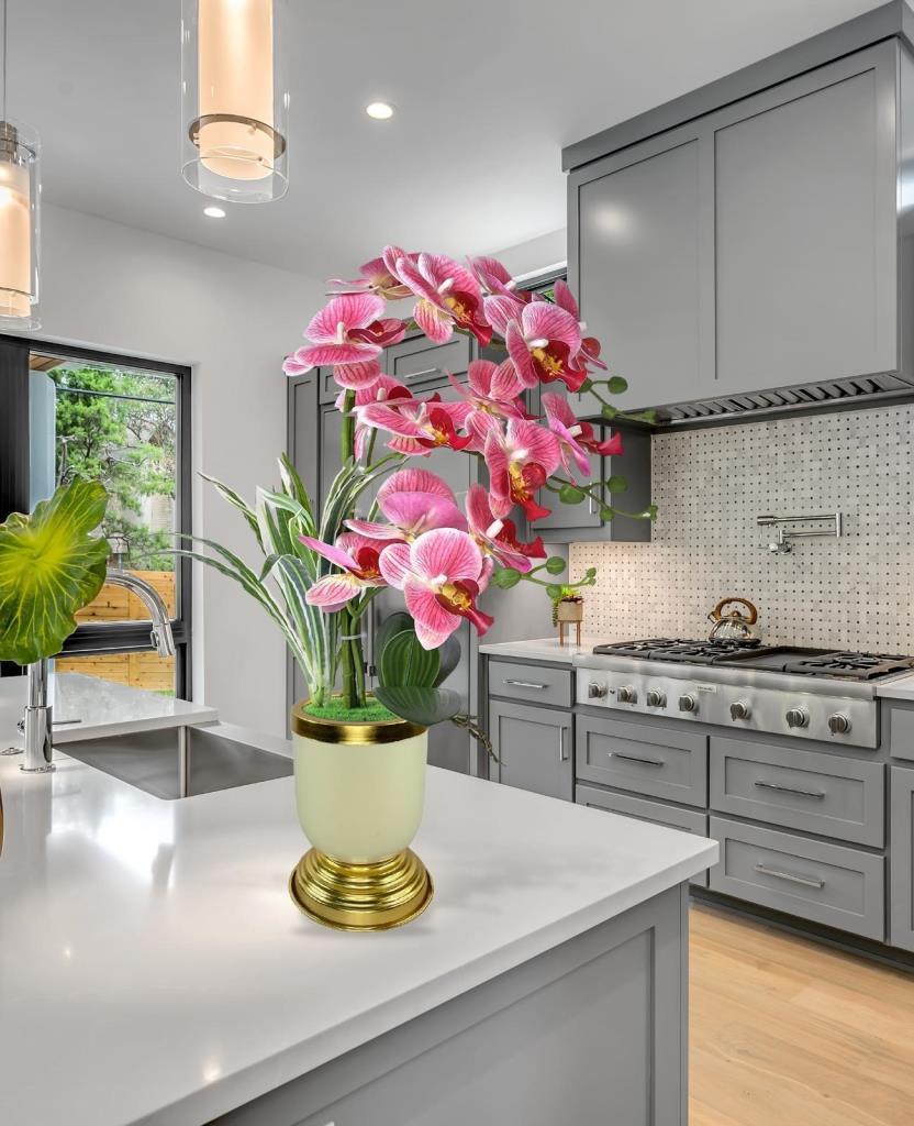 Yapay Çiçek 3lü Pembe Orkide Metal Krem Gold Saksıda Orkide 60cm