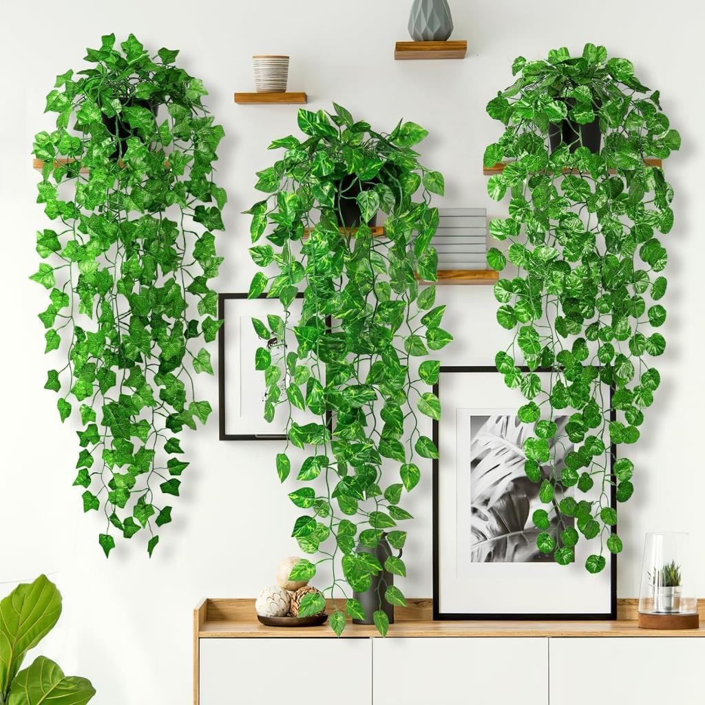 Yapay Çiçek 3lü Set Saksıda Sarkan Sarmaşık Hedera Oval ve Yuvarlak Yapraklı Modeller