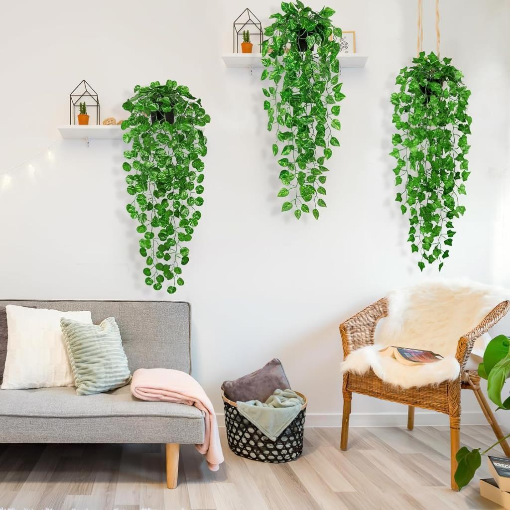 Yapay Çiçek 3lü Set Saksıda Sarkan Sarmaşık Hedera Oval ve Yuvarlak Yapraklı Modeller