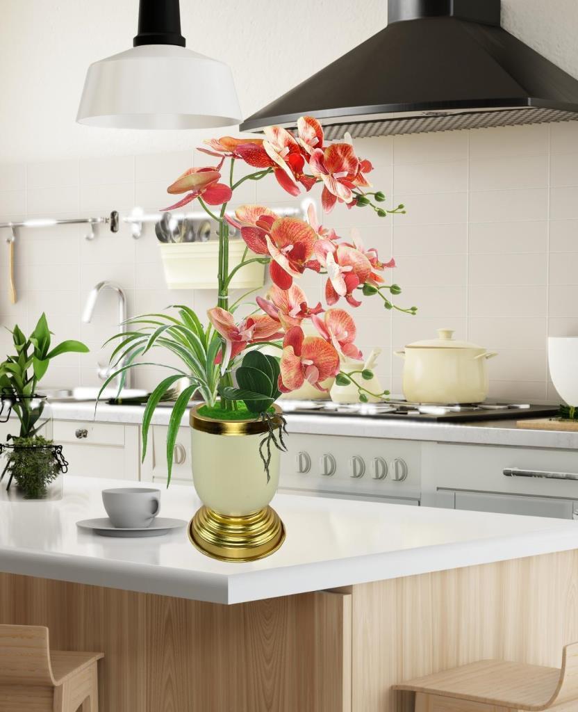 Yapay Çiçek 3lü Somon Orkide Metal Krem Gold Saksıda Orkide 60cm