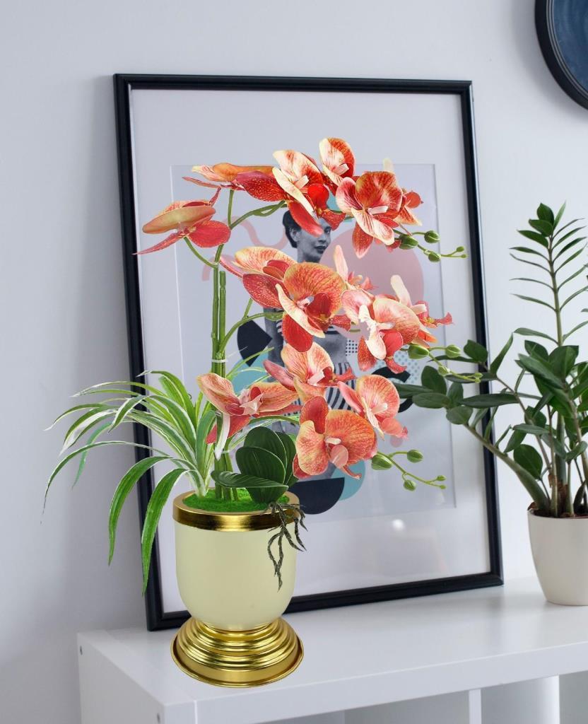 Yapay Çiçek 3lü Somon Orkide Metal Krem Gold Saksıda Orkide 60cm