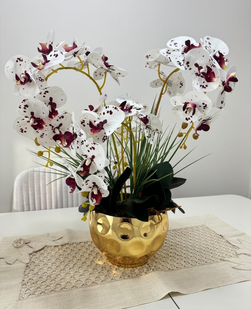 Yapay Çiçek 4lü Bordo Çilli Beyaz Islak Orkide Metal Yuvarlak Gold Vazoda Orkide 50cm