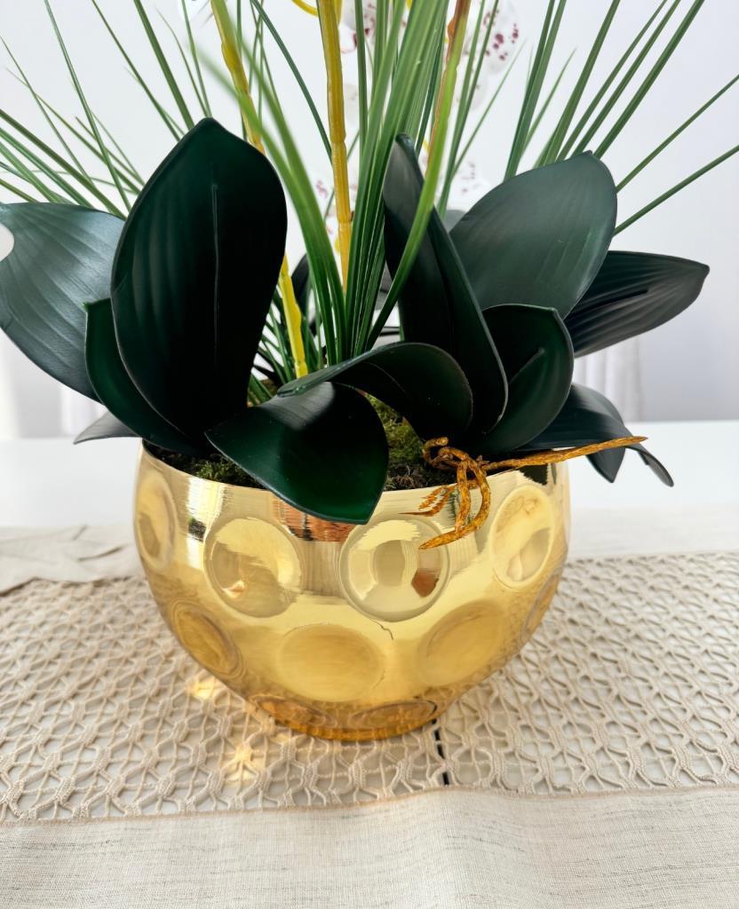 Yapay Çiçek 4lü Bordo Çilli Beyaz Islak Orkide Metal Yuvarlak Gold Vazoda Orkide 50cm