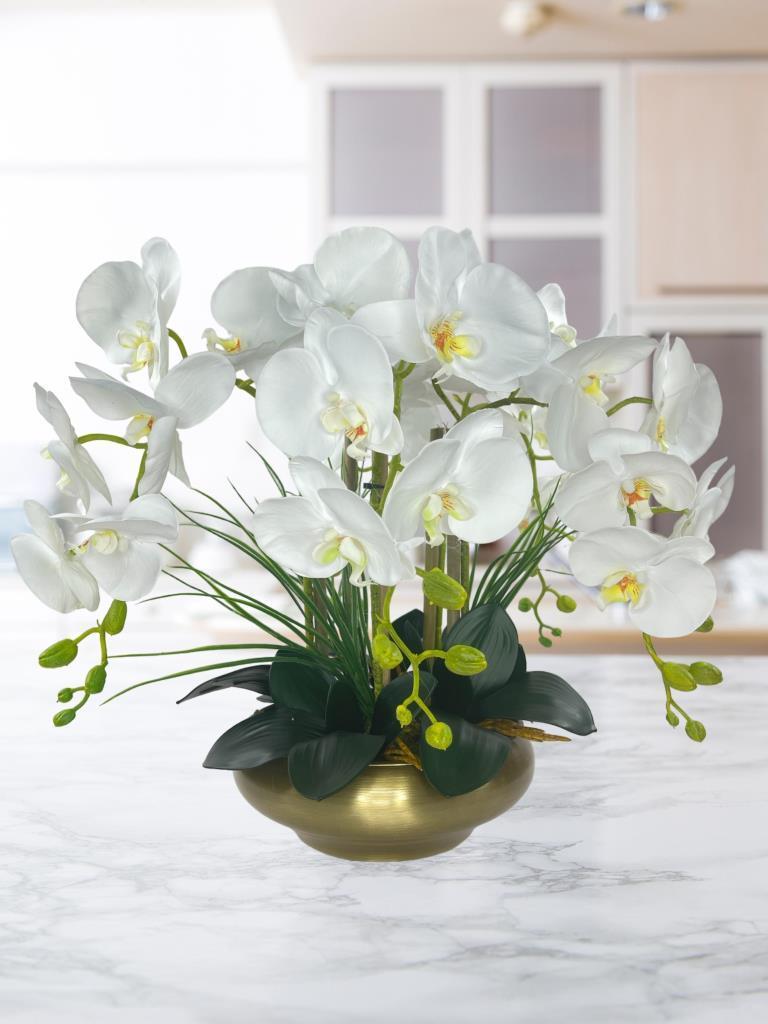 Yapay Çiçek 5li Beyaz Islak Orkide Metal Yuvarlak Eski Gold Vazoda Orkide 50cm