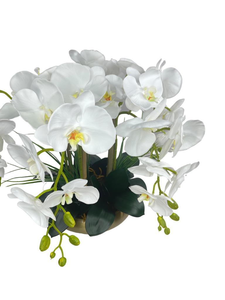 Yapay Çiçek 5li Beyaz Islak Orkide Metal Yuvarlak Eski Gold Vazoda Orkide 50cm