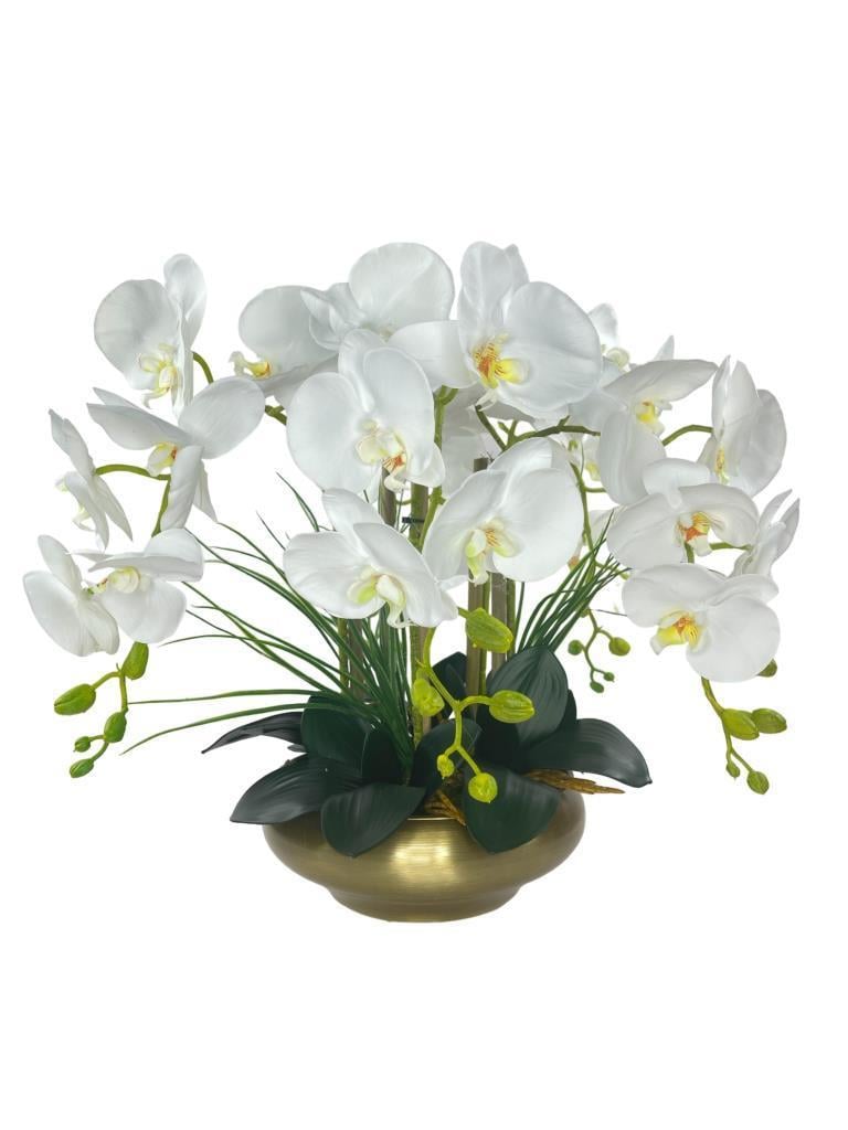 Yapay Çiçek 5li Beyaz Islak Orkide Metal Yuvarlak Eski Gold Vazoda Orkide 50cm