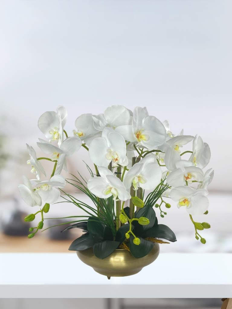 Yapay Çiçek 5li Beyaz Islak Orkide Metal Yuvarlak Eski Gold Vazoda Orkide 50cm