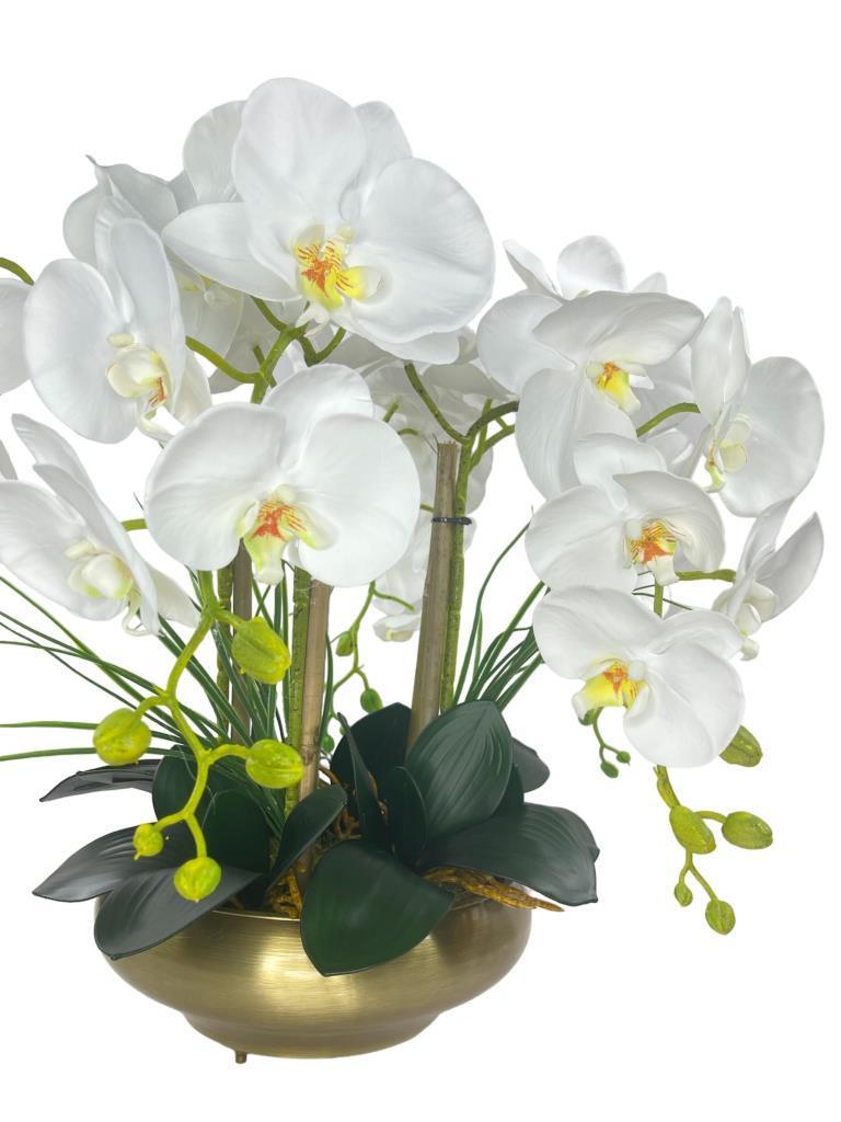 Yapay Çiçek 5li Beyaz Islak Orkide Metal Yuvarlak Eski Gold Vazoda Orkide 50cm
