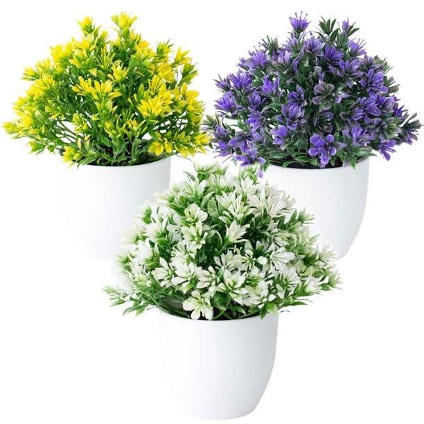 Yapay Çiçek 6 Adet Beyaz Saksıda Dolgun Plastik Mini Lotus Çiçeği Karışık Renkler 