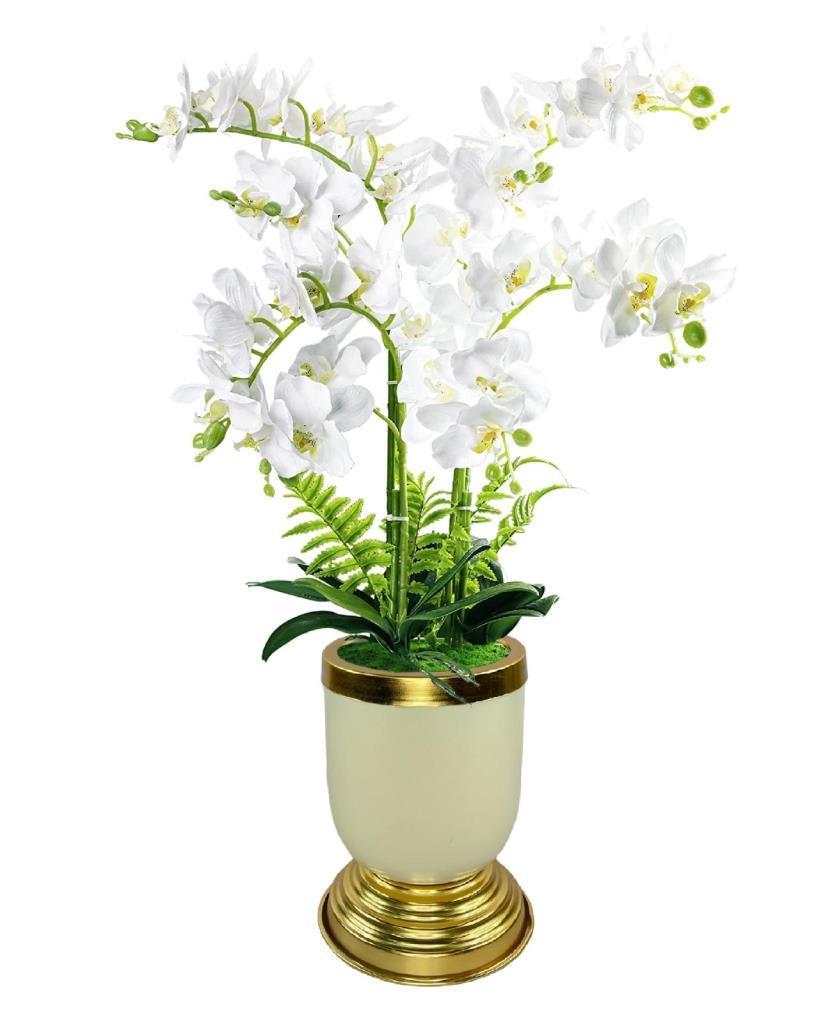 Yapay Çiçek 6lı Beyaz Orkide Metal Krem Gold Saksıda Orkide 60cm
