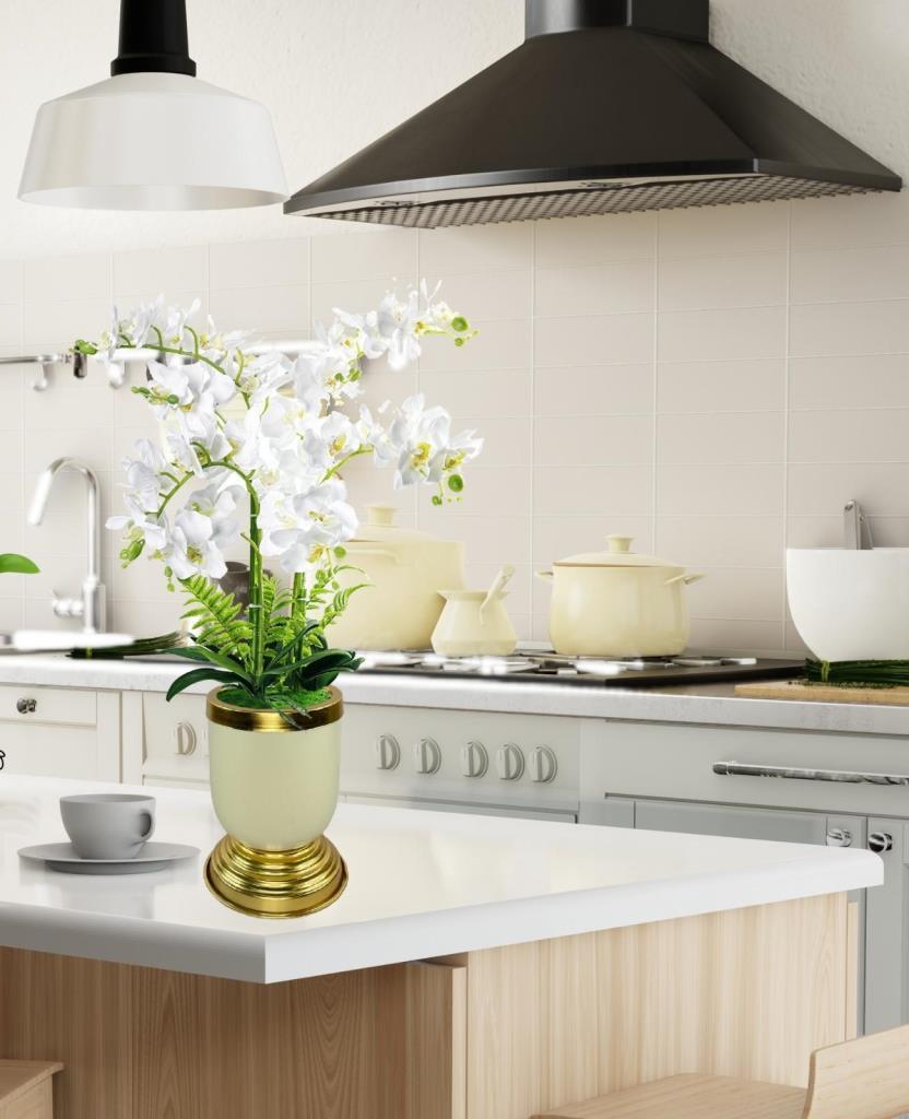 Yapay Çiçek 6lı Beyaz Orkide Metal Krem Gold Saksıda Orkide 60cm