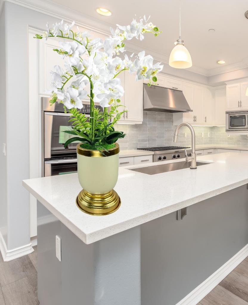 Yapay Çiçek 6lı Beyaz Orkide Metal Krem Gold Saksıda Orkide 60cm