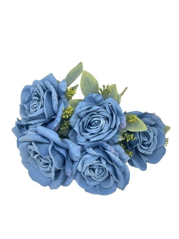Yapay Çiçek 7li Gül Demeti 40*30cm 1.Kalite Büyükboy MAVİ