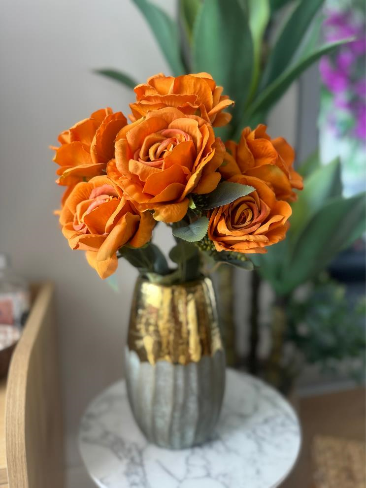 Yapay Çiçek 7li Gül Demeti 40*30cm 1.Kalite Büyükboy SOMON TURUNCU