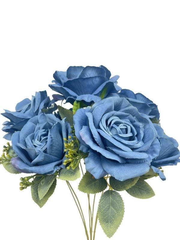 Yapay Çiçek 7li Gül Demeti 40*30cm 1.Kalite Büyükboy MAVİ