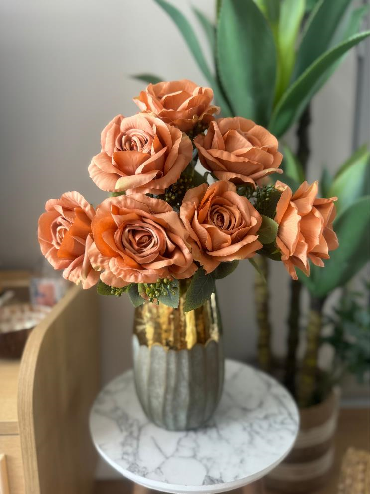 Yapay Çiçek 7li Gül Demeti 40*30cm 1.Kalite Büyükboy KOYU SOMON 