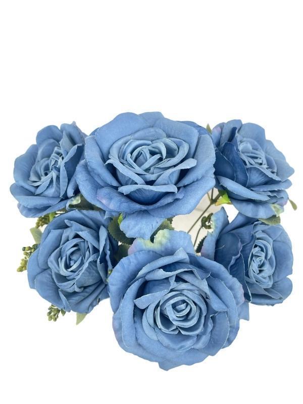 Yapay Çiçek 7li Gül Demeti 40*30cm 1.Kalite Büyükboy MAVİ
