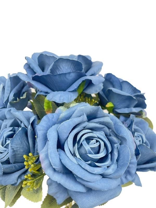 Yapay Çiçek 7li Gül Demeti 40*30cm 1.Kalite Büyükboy MAVİ