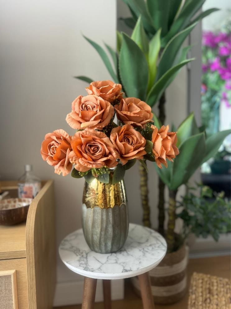 Yapay Çiçek 7li Gül Demeti 40*30cm 1.Kalite Büyükboy KOYU SOMON 