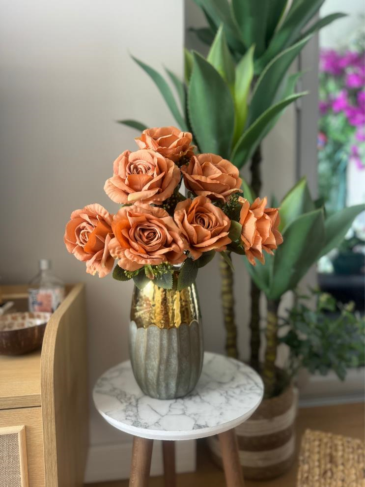 Yapay Çiçek 7li Gül Demeti 40*30cm 1.Kalite Büyükboy KOYU SOMON 