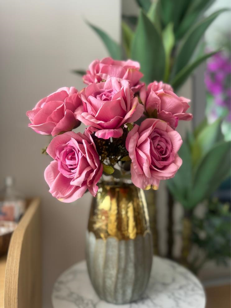 Yapay Çiçek 7li Gül Demeti 40*30cm 1.Kalite Büyükboy FUŞYA PEMBE