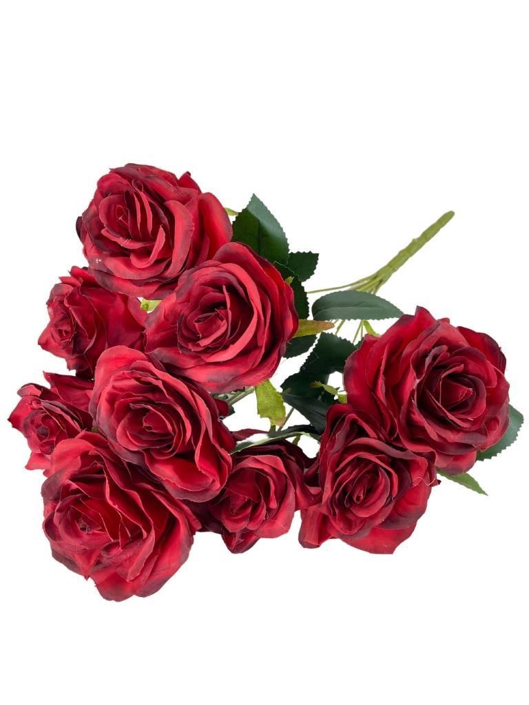 Yapay Çiçek 9 Güllü Büyük Boy Demet 40cm BORDO