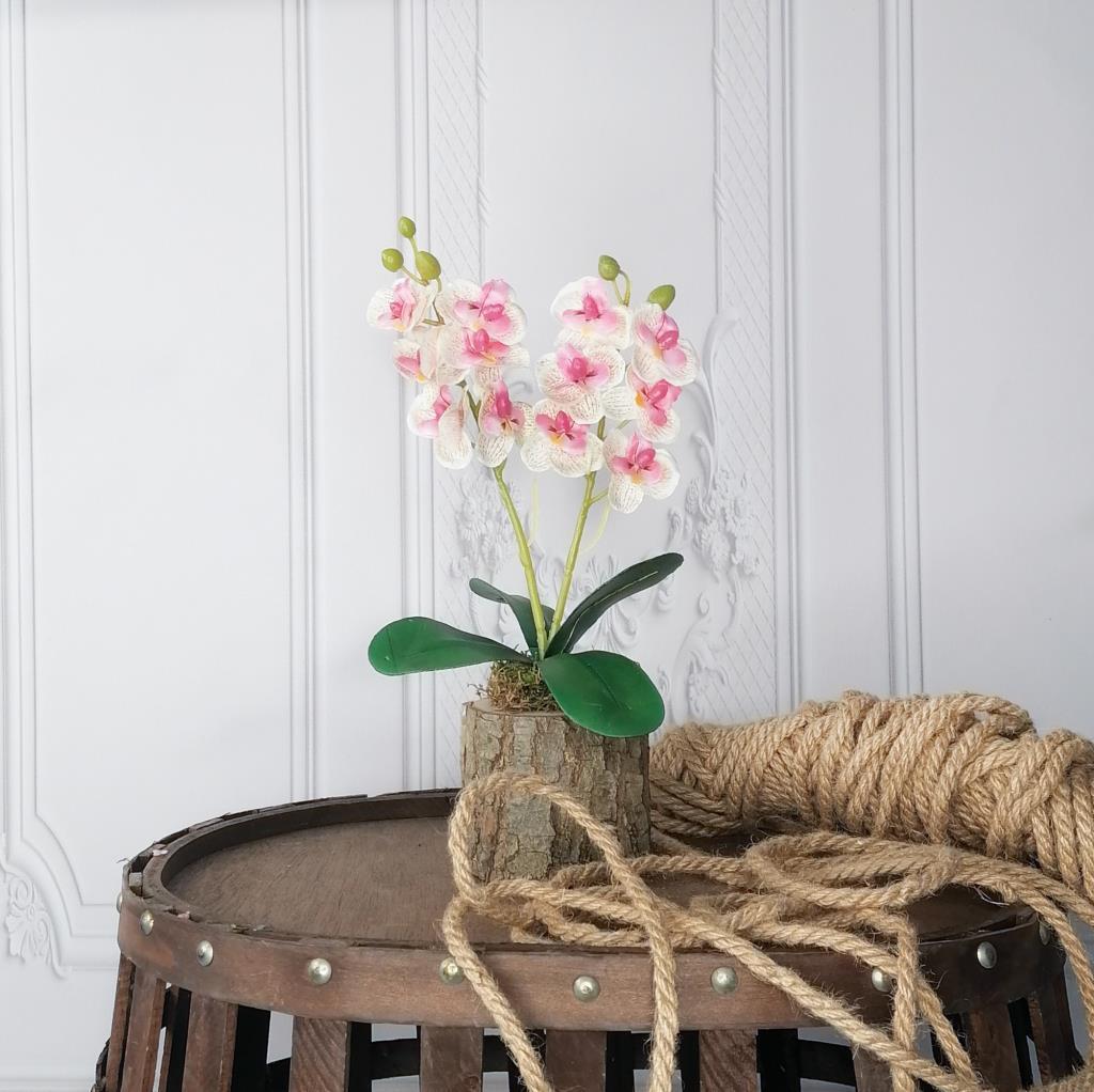 Yapay Çiçek Ahşap Kütük Saksılı Açık Pembe Mini Yapay Orkide Dekoratif Hediye
