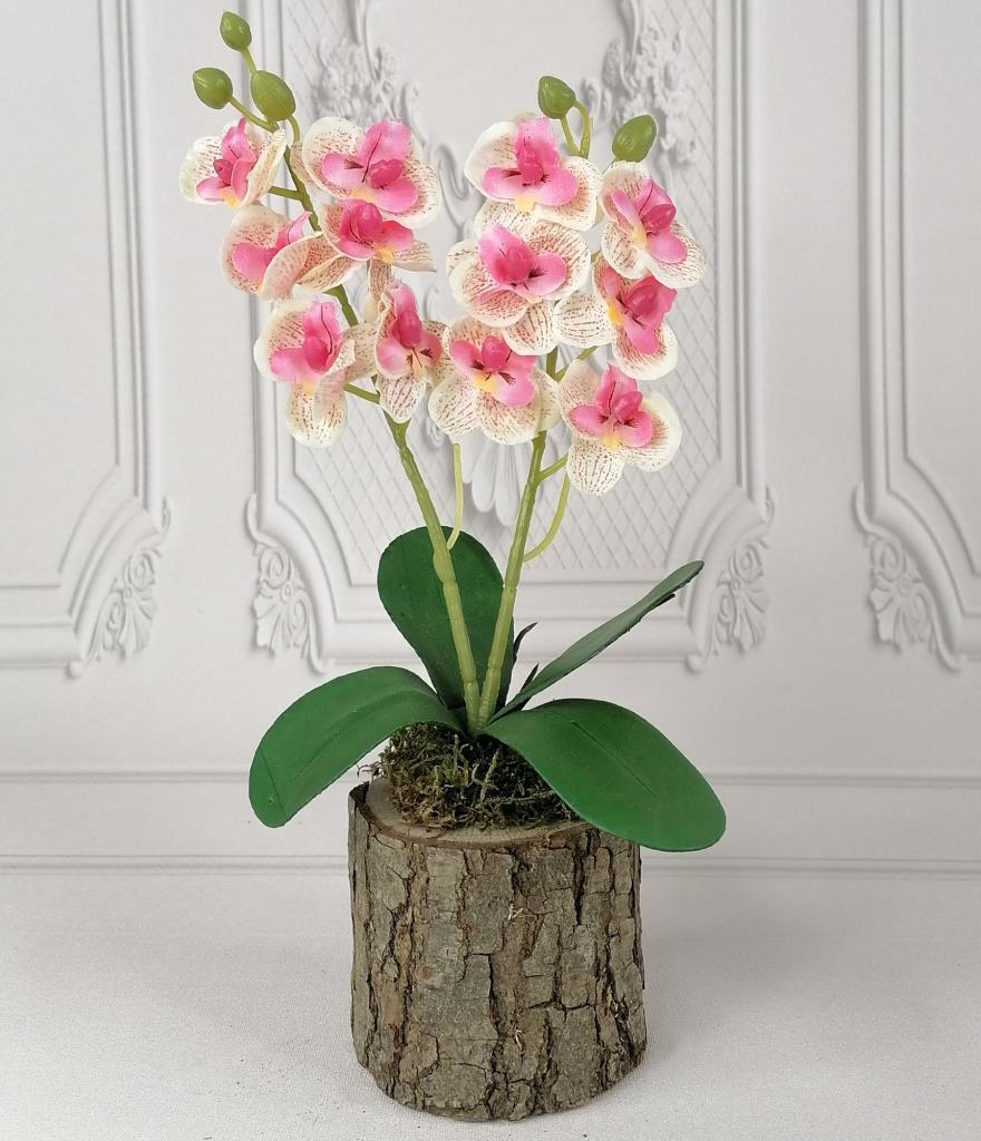 Yapay Çiçek Ahşap Kütük Saksılı Açık Pembe Mini Yapay Orkide Dekoratif Hediye