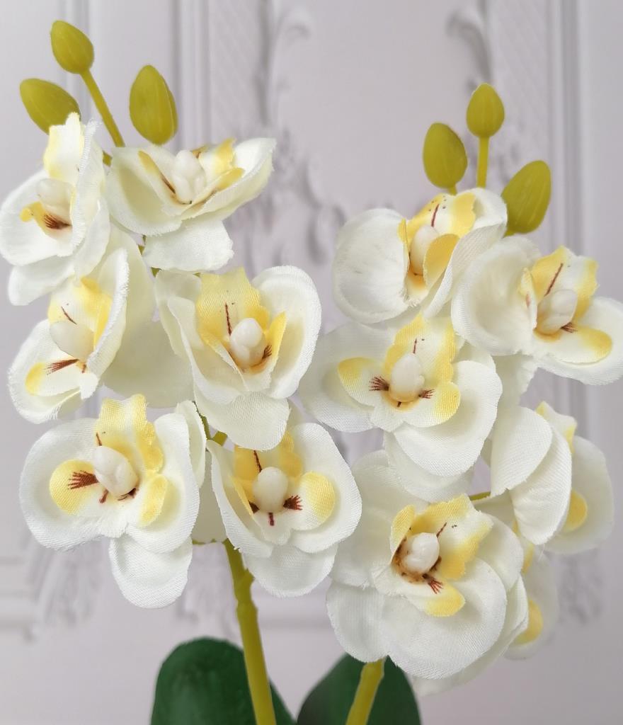 Yapay Çiçek Ahşap Kütük Saksılı Beyaz Mini Yapay Orkide Dekoratif Hediye