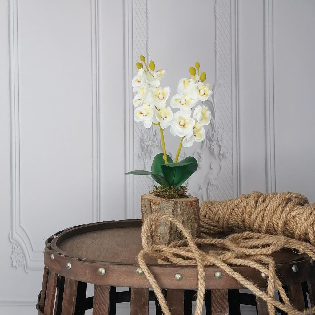 Yapay Çiçek Ahşap Kütük Saksılı Beyaz Mini Yapay Orkide Dekoratif Hediye