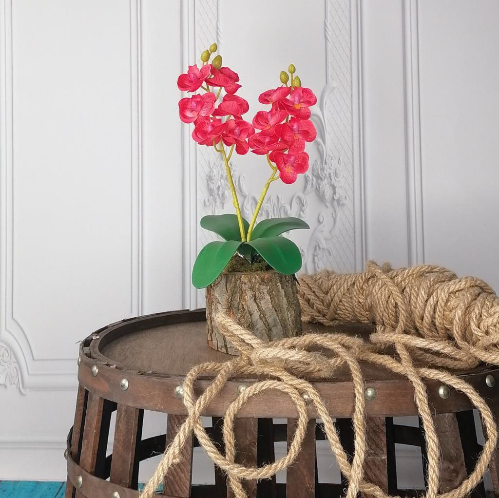 Yapay Çiçek Ahşap Kütük Saksılı Kırmızı Mini Yapay Orkide Dekoratif Hediye