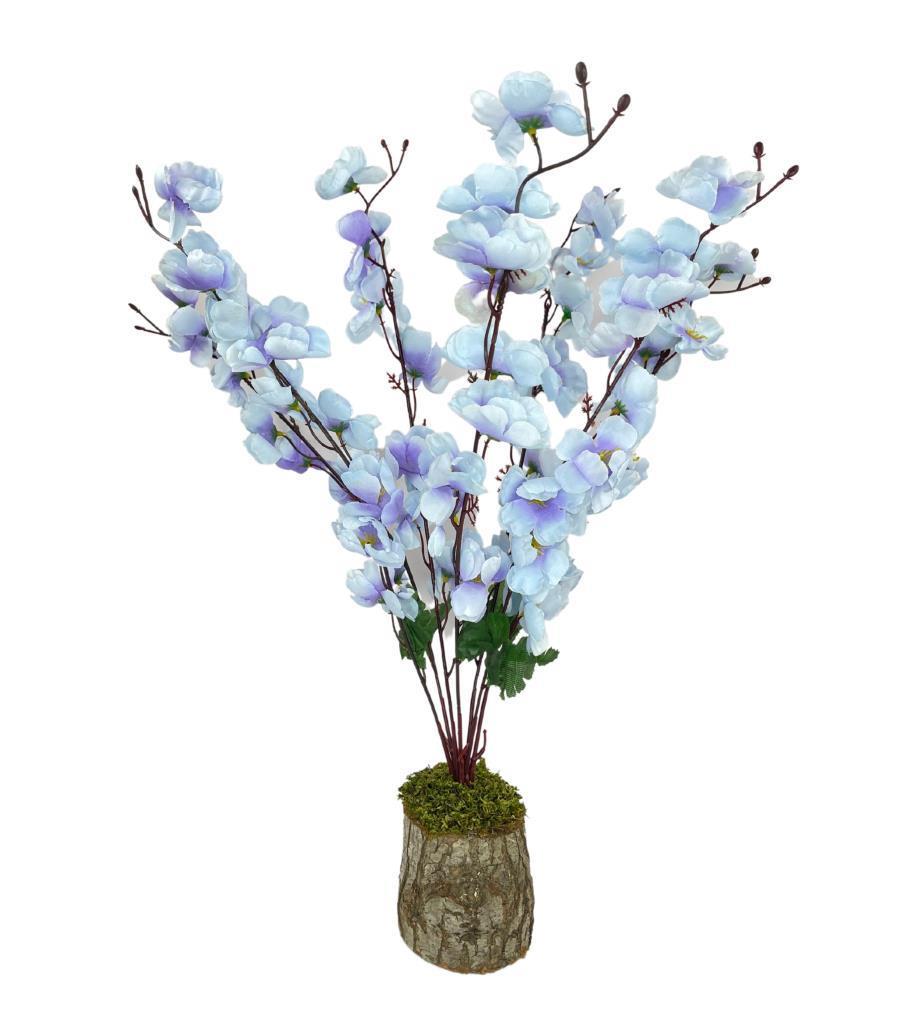 Yapay Çiçek Ahşap Kütük Saksılı Mavi Bahardalı Ağacı Salon Bitkisi 50cm