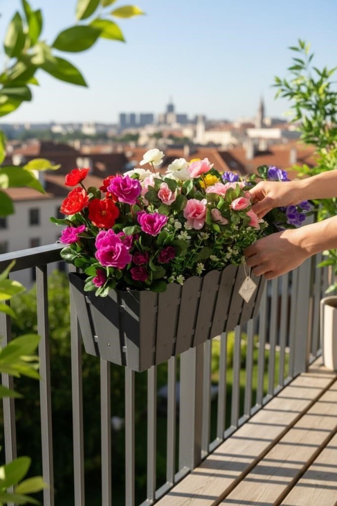 Yapay Çiçek Antrasit Balkon Saksıda Küpeşte Askılı Açelya Çiçeği Karışık Renkli Çiçek Sepeti 50cm