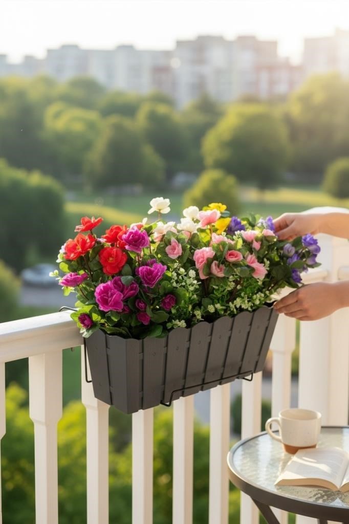 Yapay Çiçek Antrasit Balkon Saksıda Küpeşte Askılı Açelya Çiçeği Karışık Renkli Çiçek Sepeti 50cm