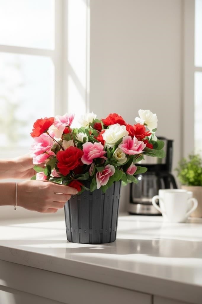Yapay Çiçek Antrasit Plastik Saksıda Renkli Açelya Çiçekleri Aranjmanı 