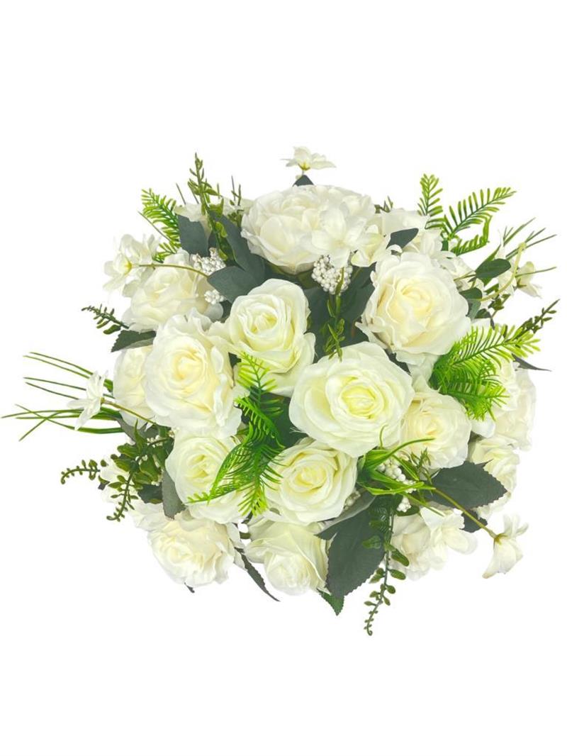 Yapay Çiçek Aranjmanı Beyaz Güller  Metal Gümüş Vazolu Masa Üstü Çiçeği Arajman