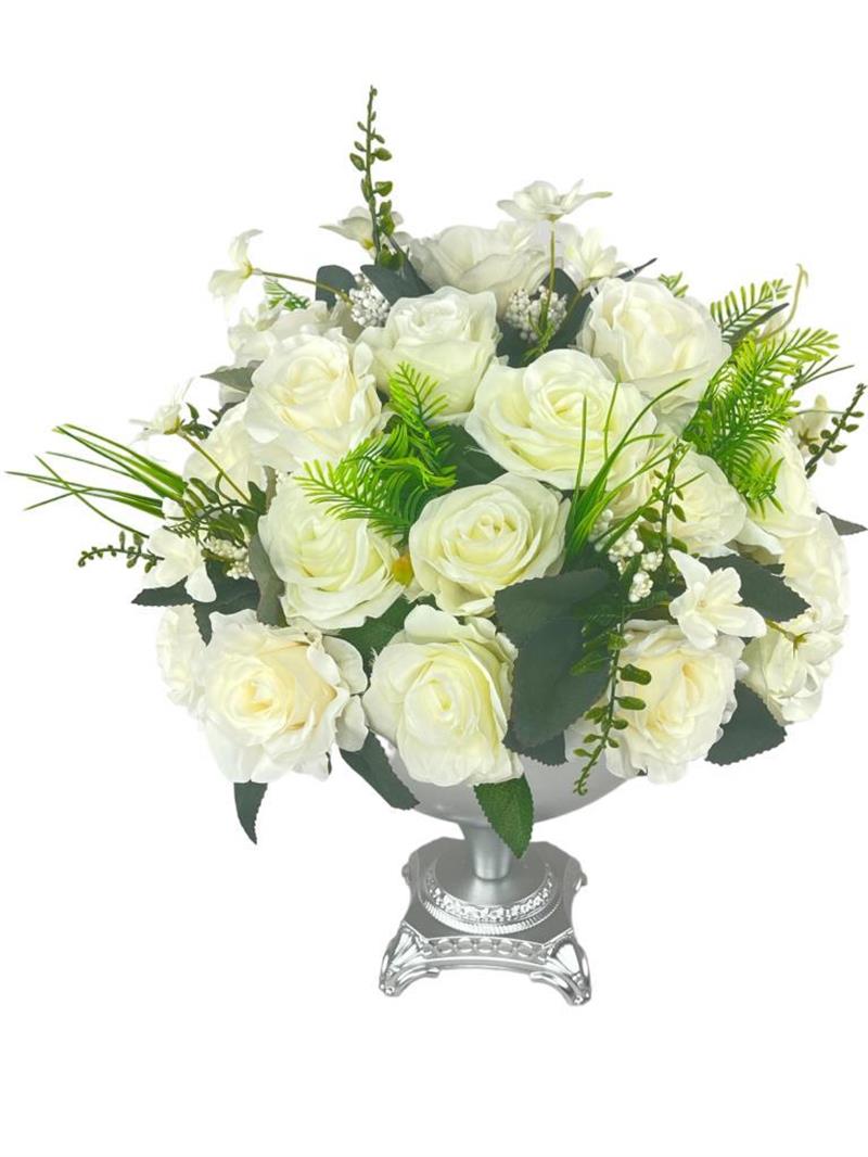 Yapay Çiçek Aranjmanı Beyaz Güller  Metal Gümüş Vazolu Masa Üstü Çiçeği Arajman
