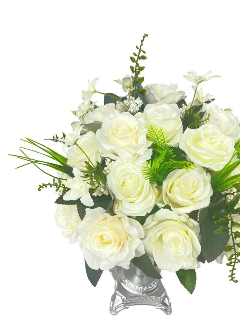 Yapay Çiçek Aranjmanı Beyaz Güller  Metal Gümüş Vazolu Masa Üstü Çiçeği Arajman