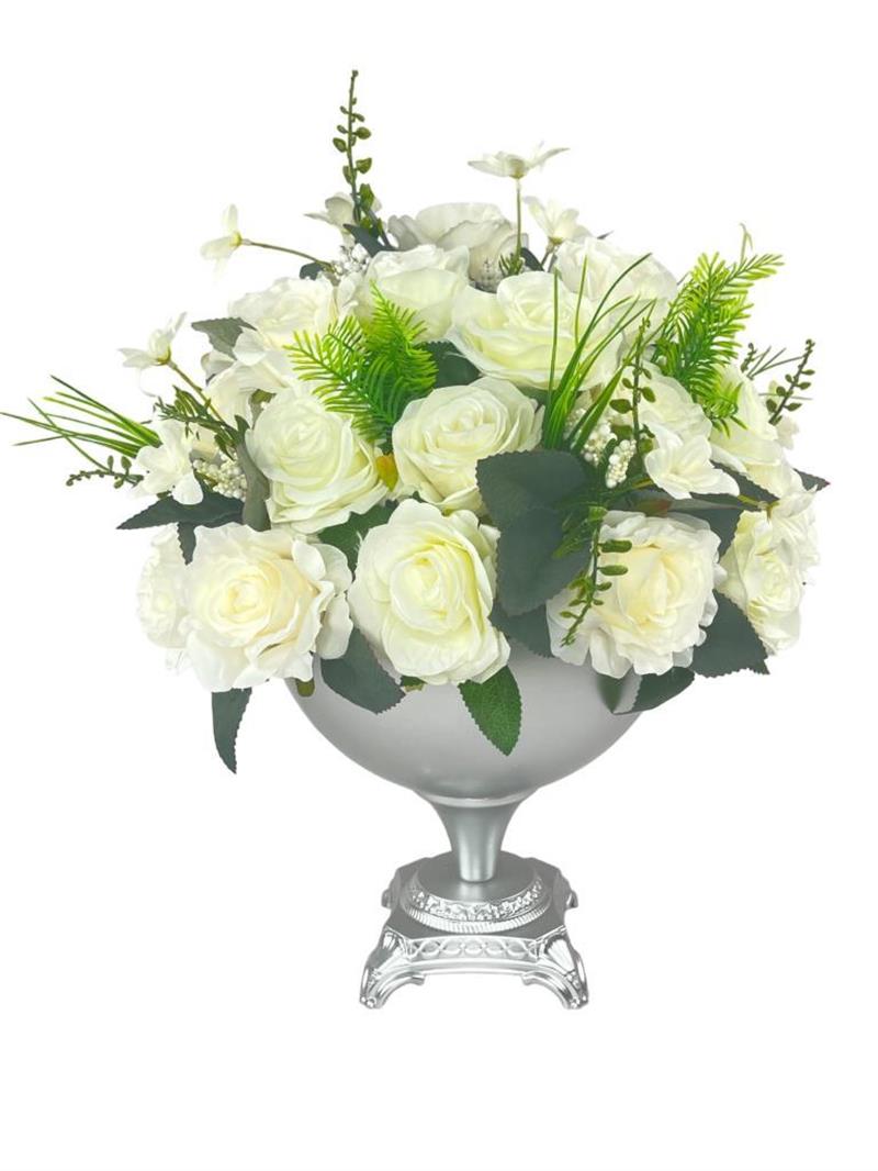 Yapay Çiçek Aranjmanı Beyaz Güller  Metal Gümüş Vazolu Masa Üstü Çiçeği Arajman