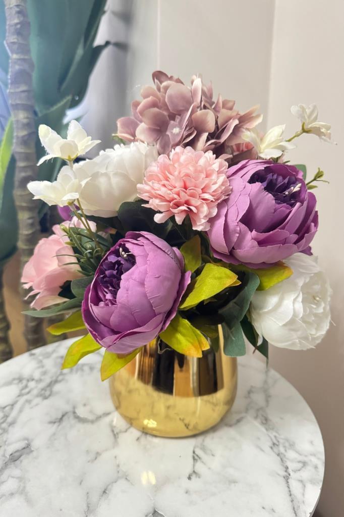 Yapay Çiçek Aranjmanı Gold Metal Vazoda Şakayık Gül Ve Krizantem Salon Çiçeği